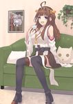  ahoge aono_hoshi black_legwear boots breasts brown_hair couch cup detached_sleeves double_bun godzilla_(series) hairband japanese_clothes kantai_collection kongou_(kantai_collection) large_breasts long_hair miniskirt nontraditional_miko poster_(object) purple_eyes shinkaisei-kan sitting skirt solo teacup thigh_boots thighhighs wide_sleeves wo-class_aircraft_carrier zettai_ryouiki 