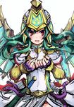  armor athena_(p&amp;d) blush breastplate dress fingerless_gloves gauntlets gloves green_hair hands_together helmet highres long_hair looking_at_viewer open_mouth purple_gloves puzzle_&amp;_dragons red_eyes samoore short_sleeves sketch smile solo sparkle sword weapon wings 