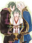  2boys ^_^ ahoge carrying closed_eyes family female_my_unit_(fire_emblem:_kakusei) fire_emblem fire_emblem:_kakusei green_hair happy_birthday hood hooded_jacket jacket japanese_clothes mark_(fire_emblem) mark_(male)_(fire_emblem) multiple_boys my_unit_(fire_emblem:_kakusei) open_mouth otoka_hisagi smile solt_(fire_emblem) twintails white_hair 