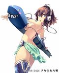  bikini_top blue_eyes breast_press breasts bridal_gauntlets brown_hair copyright_name elbow_gloves foreshortening gloves headphones highres keypot looking_at_viewer mecha_shoujo_taisen_z medium_breasts official_art open_mouth revision short_hair simple_background solo tattoo thighhighs torpedo watermark white_background 