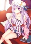  absurdres bangs bare_shoulders blush book bow breasts couch crescent frills hat highres large_breasts legs lens_flare long_hair off_shoulder patchouli_knowledge pillow purple_eyes purple_hair sitting solo striped tori_(king8162635) touhou vertical_stripes 