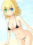  beach bikini black_bikini blonde_hair blue_eyes green_eyes heterochromia kuro_(be_ok) micro_bikini navel original short_hair solo swimsuit thigh_gap triangle_mouth 