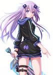  :o adult_neptune blush character_name d-pad d-pad_hair_ornament english from_behind hair_ornament highres holding hood hooded_track_jacket jacket kazenokaze long_hair looking_at_viewer looking_back neptune_(series) purple_eyes purple_hair shin_jigen_game_neptune_vii simple_background solo sword thigh_strap track_jacket v weapon white_background 