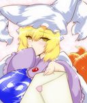  blonde_hair blush breasts commentary_request covering_mouth fox_tail hat highres huge_breasts karakure_(kamo-nanban) letter looking_at_viewer short_hair solo tail touhou yakumo_ran yellow_eyes 