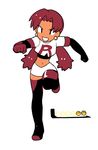  boots clothes_writing earrings elbow_gloves full_body game_boy_color gloves handheld_game_console jewelry long_hair midriff moyori pokemon pokemon_(game) pokemon_gsc red_hair skirt solo team_rocket team_rocket_grunt thighhighs twintails white_background 