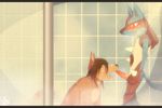  2014 absurd_res anthro balls bathroom blush canine cum cum_in_mouth cum_inside cum_on_face cum_on_penis cum_on_tongue cum_string dialog dog duo english_text erection eyelashes fellatio fur gay glowing hair half-closed_eyes happy hi_res inside jackal knot looking_up lucario male mammal nialus nintendo nude open_mouth oral oral_sex orgasm penis pok&#233;mon pok&eacute;mon room sex sharp_teeth short_hair shower smile spikes standing teeth text tongue tongue_out video_games water wet 