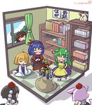  :d animal_ears apron black_hair blonde_hair blue_hair blue_sky book bookshelf bow brown_hair brush camera cloud curtains day frog_hair_ornament furby green_hair hair_bow hair_ornament hat hat_ribbon highres hisou_tensoku inubashiri_momiji isometric kochiya_sanae moriya_suwako multiple_girls open_mouth pyonta reiuji_utsuho ribbon shameimaru_aya shirt silver_hair skirt skirt_set sky smile snake_hair_ornament tokin_hat touhou umigarasu_(kitsune1963) window wings wolf_ears yasaka_kanako |_| 