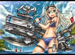 :d armband bikini billboard bird blue_eyes blush building clothes_writing cloud day gia goggles goggles_on_head gun headphones legband long_hair mecha navel open_mouth original power_lines seagull shiny shiny_skin side-tie_bikini silver_hair sky smile solo swimsuit transmission_tower trigger_discipline wading weapon wet wristband 