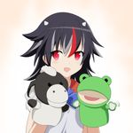  :d black_hair blush bow bowtie cato_(monocatienus) frog hand_puppet horns kijin_seija multicolored_hair open_mouth puppet puppetmuppet red_eyes red_hair sheep short_hair silver_hair smile solo streaked_hair touhou 