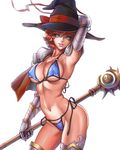  arm_up armpits banned_artist bikini blue_bikini blue_eyes breasts cape cowboy_shot gauntlets hat large_breasts navel original parted_lips polka_dot polka_dot_bikini polka_dot_swimsuit red_hair short_hair side-tie_bikini simple_background smile solo staff swimsuit white_background witch_hat yinan_cui 