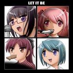  akemi_homura album_cover black_hair blue_eyes blue_hair cover food formal glasses hair_ornament hairband hairclip kaname_madoka let_it_be long_hair looking_up mahou_shoujo_madoka_magica microphone miki_sayaka mouth_hold multiple_girls music open_mouth parody pink_eyes pink_hair polka_dot polka_dot_shirt ponytail purple_eyes red-framed_eyewear red_eyes red_hair sakura_kyouko semi-rimless_eyewear shingyouji_tatsuya shirt short_hair short_twintails singing suit taiyaki the_beatles twintails under-rim_eyewear wagashi white_shirt 