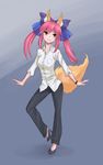  animal_ears bow casual colorized fate/extra fate_(series) fox_ears fox_tail full_body hair_bow hair_ribbon high_heels highres jiffic pants pink_hair ribbon shirt solo standing tail tamamo_(fate)_(all) tamamo_no_mae_(fate) twintails wristband yellow_eyes 