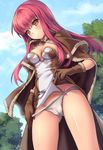  aruma_jiki breasts brown_eyes cameltoe cape capelet cleavage dress dress_lift gloves groin high_wizard long_hair looking_at_viewer medium_breasts panties ragnarok_online red_hair solo underwear undressing white_panties 