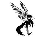  akemi_homura akuma_homura argyle argyle_legwear bare_shoulders black_gloves black_hair black_wings bow choker dress elbow_gloves feathered_wings gloves greyscale hair_bow hands_on_own_knees high_heels highres long_hair looking_at_viewer mahou_shoujo_madoka_magica mahou_shoujo_madoka_magica_movie mariel monochrome purple_eyes simple_background smile solo spoilers thighhighs white_background wings zettai_ryouiki 