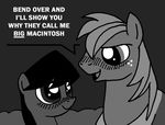 big_macintosh_(mlp) black_and_white black_eyes black_hair blush closed-closets-mod closed_closets clothing compression_artifacts disembodied_head duo earth_pony english_text equine eye_contact freckles friendship_is_magic fur grey_background grey_eyes grey_fur greyscale hair horse innuendo looking_at_viewer male mammal mane monochrome my_little_pony open_mouth original_character plain_background pony smile standing text tongue yoke 