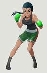  black_hair boots boxing_gloves breasts cross-laced_footwear dark_skin eyebrows fighting_stance full_body genderswap genderswap_(mtf) green_eyes grey_background highres jiffic lace-up_boots little_mac long_hair medium_breasts ponytail punch-out!! shorts simple_background solo super_smash_bros. tank_top thick_eyebrows 