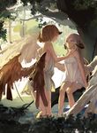  :o absurdres bare_shoulders blurry blush bush demon_horns depth_of_field dress feathered_wings ghostas highres horns low_wings multiple_girls open_mouth original outdoors plant pond sketch sleeveless sleeveless_dress standing sundress swamp tree vines wading water wings 