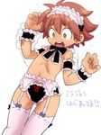  1boy @@@ bow brown_hair character_request crossdressing embarrassed garter_belt garter_straps green_eyes hairband lingerie looking_down maid open_mouth panties simple_background tears thigh_gap thighhighs underwear white_background wrist_cuffs 