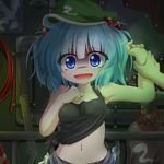  bare_arms blue_eyes blue_hair breasts collarbone commentary_request covered_nipples hair_bobbles hair_ornament hat imminent_rape kawashiro_nitori looking_at_viewer midriff navel oden_(th-inaba) open_mouth out_of_frame pov pov_hands small_breasts sweat tank_top touhou trembling two_side_up wrench wrist_grab 