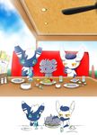  1girl constricted_pupils cup drinking eating espurr fan food gen_6_pokemon green_eyes holding menu meowstic no_humans parent_and_child pasta plate pokemon pokemon_(creature) red_eyes restaurant shadow sitting sketch sky spaghetti teacup window winick_lim 