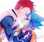  blue_hair fingerless_gloves future_card_buddyfight gloves green_eyes male_focus multiple_boys red_eyes red_hair ryuuenji_tasuku sekimo takihara_tsurugi white_background 