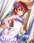  artist_request blue_eyes bouquet column curtains dress earrings flower hair_flower hair_ornament idolmaster idolmaster_million_live! jewelry julia_(idolmaster) official_art pillar red_hair short_hair wedding_dress 