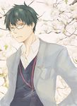  black_hair breast_pocket brown_eyes carica_(caricari) cherry_blossoms closed_mouth expressionless eyebrows_behind_hair floral_background flower glasses grey-framed_eyewear jacket lanyard looking_at_viewer male_focus original pocket school_uniform solo sweater wing_collar yellow_eyes 