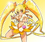  blonde_hair blush bow breasts choker crop_top cure_sunshine flower hair_flower hair_ornament hair_ribbon heartcatch_precure! long_hair magical_girl midriff myoudouin_itsuki navel orange_bow orange_skirt precure ribbon ryuuta_(cure_ryuuta) skirt small_breasts smile solo twintails underboob wrist_cuffs yellow yellow_background yellow_eyes 