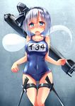  black_hairband blue_eyes blush bow breasts crossover crying crying_with_eyes_open fang hair_bow hairband highres holster kantai_collection knife konpaku_youmu konpaku_youmu_(ghost) large_breasts military military_vehicle one-piece_swimsuit open_mouth school_swimsuit short_hair silver_hair solo submarine swimsuit tears thigh_holster touhou unomi watercraft 