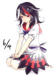  black_hair bow dated dress hands_on_feet highres horns kijin_seija multicolored_hair nagata_nagato red_eyes red_hair seiza short_hair short_sleeves simple_background sitting sketch solo streaked_hair tears touhou white_background white_hair 