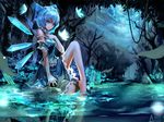  bare_legs bare_shoulders barefoot blue_dress blue_eyes blue_hair bow bug butterfly cirno dress hair_bow ice insect kiyomasa_ren short_hair sitting smile soaking_feet solo touhou water wings 