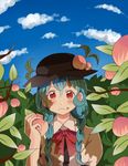  alternate_hairstyle bad_id bad_pixiv_id blue_hair braid choker cloud day food fruit hinanawi_tenshi holding holding_food holding_fruit long_hair looking_at_viewer outdoors peach puffy_short_sleeves puffy_sleeves red_eyes ribbon_choker short_sleeves sky solo touhou tree tree_branch twin_braids uiru 