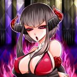  bare_shoulders between_breasts black_hair breasts cleavage crossed_arms demon_horns detached_sleeves eliza_(tekken) eyeshadow horns large_breasts lowres makeup mazuruka pale_skin pink_eyes short_hair sideboob sidelocks slit_pupils solo tattoo tekken tekken_revolution vampire 