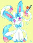  ?! avian bird bow cute duo eeveelution fletchling hi_res natx nintendo paws pink_eyes plain_background pok&#233;mon pok&eacute;mon shiny_pok&#233;mon shiny_pok&eacute;mon sitting sylveon video_games yellow_background 