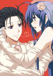  1girl black_hair blue_hair blush bridal_veil carrying couple dress heart heart_of_string hetero kosumone long_hair multicolored_hair owari_no_chronicle princess_carry sayama_mikoto shinjou_sadagiri short_hair veil wedding_dress 