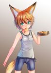  aburaage animal_ears bike_shorts dreadtie fang food food_in_mouth fox_ears fox_tail green_eyes highres inarizushi mouth_hold orange_hair original short_hair solo standing strap_slip sushi tail tank_top 