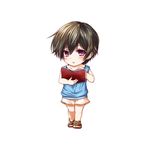  black_hair blush bokura_wa_minna_kawaisou book casual chibi full_body highres holding holding_book kawai_ritsu kuena open_book purple_eyes sandals short_hair skirt solo 