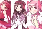  akemi_homura bare_shoulders black_hair blush bow bubble_skirt choker detached_sleeves food hair_bow hair_ribbon hair_tousle kaname_madoka long_hair looking_at_viewer magical_girl mahou_shoujo_madoka_magica mouth_hold multiple_girls pink_eyes pink_hair pocky ponytail purple_eyes red_eyes red_hair red_ribbon ribbon rururu_(make9205) sakura_kyouko short_hair short_twintails simple_background skirt smile twintails white_background 