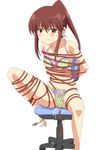  1girl arms_behind_back artist_request bandaid bdsm blush bondage bound bra chair female kissxsis navel panties payot ponytail rope sidelocks simple_background sitting solo suminoe_riko underwear underwear_only white_background 