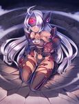  breasts cleavage cyborg dark_skin gloves kneeling long_hair medium_breasts purple_eyes silver_hair solo t-elos thighhighs underboob very_long_hair xenosaga yukimura_tsubame 