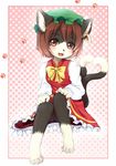  animal_ears bangs blush border bow bowtie brown_eyes brown_hair cat_ears cat_tail chen dress earrings fang furrification furry hat heart heart_tail jewelry jpeg_artifacts kagerofu looking_at_viewer multiple_tails no_humans paw_print polka_dot polka_dot_background red_border shadow short_hair sitting solo tail touhou yellow_bow 