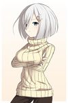  alternate_costume blue_eyes breasts crossed_arms gradient gradient_background hair_ornament hair_over_one_eye hairclip hamakaze_(kantai_collection) highres kantai_collection looking_at_viewer medium_breasts short_hair silver_hair solo sweater utsushige 