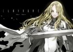  armor blonde_hair bodysuit cape character_name claymore claymore_(sword) copyright_name gloves highres long_hair pauldrons saberiii solo sword teresa_(claymore) text_focus weapon yellow_eyes 