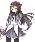  akemi_homura black_hair hair_ribbon hair_tousle long_hair looking_at_viewer magical_girl mahou_shoujo_madoka_magica pantyhose purple_eyes red_ribbon ribbon rururu_(make9205) simple_background skirt solo white_background 