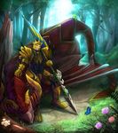  1girl armor armored_boots bad_id bad_pixiv_id bird black_hair boots bug butterfly dragon flag flower forest gauntlets green_eyes helmet highres insect jarvan_lightshield_iv league_of_legends nature oldlim polearm shyvana spear weapon 