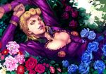  arms_up blonde_hair blue_flower blue_rose bug flower giorno_giovanna insect jojo_no_kimyou_na_bouken ladybug lipstick long_sleeves looking_at_viewer lying makeup male_focus on_back pink_eyes pink_flower pink_rose purple_flower purple_lipstick purple_rose realistic rose solo zishanjiang 