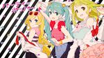  :d blonde_hair blue_eyes casual eyewear_on_head green_eyes green_hair gumi hatsune_miku jewelry kise_(swimmt) lily_(vocaloid) long_hair looking_at_viewer multiple_girls necklace open_mouth short_hair smile twintails vocaloid 