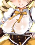  blonde_hair blush breast_rest breasts drill_hair fingerless_gloves gloves gun head_out_of_frame large_breasts magical_musket mahou_shoujo_madoka_magica shinama skirt smile solo tomoe_mami twin_drills twintails weapon 