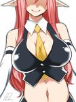  between_breasts breasts cleavage head_out_of_frame koakuma large_breasts long_hair navel necktie necktie_between_breasts pointy_ears red_hair simple_background smile solo tajima_yuuki touhou white_background yellow_neckwear 