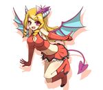  armpits bare_shoulders blonde_hair blush boots breasts bug butterfly butterfly_hair_ornament cleavage cleavage_cutout crop_top demon_girl demon_horns demon_tail demon_wings drill_hair elbow_gloves flying full_body gloves hair_ornament horns insect lace lace-trimmed_skirt long_hair looking_at_viewer medium_breasts metindone midriff navel open_mouth pointing purple_eyes puzzle_&amp;_dragons red_footwear red_gloves red_skirt sideboob silhouette simple_background skirt smile solo succubus succubus_(p&amp;d) tail white_background wings 